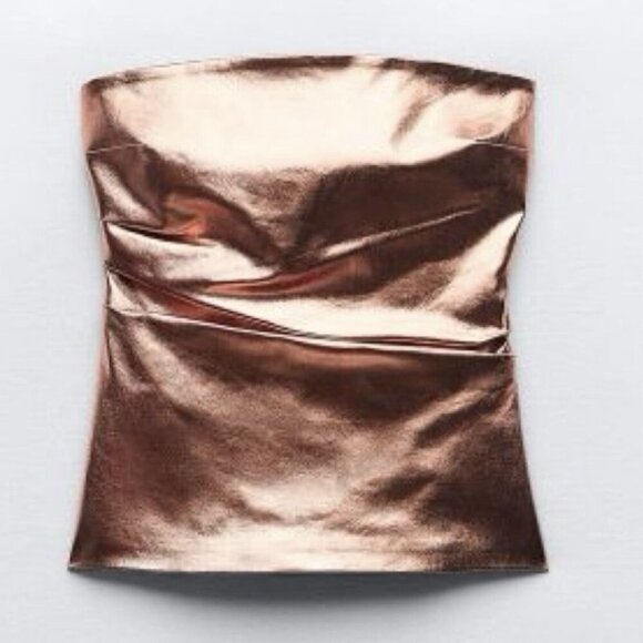 Zara Women's Bronze Metallic Off-Shoulder Strapless Top Size S - Small - NWT - Picture 2 of 16